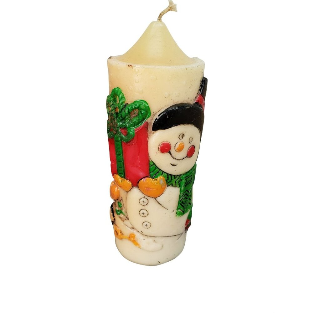 Vintage Snowman Pillar candle detailed little kid christmas present snow trees